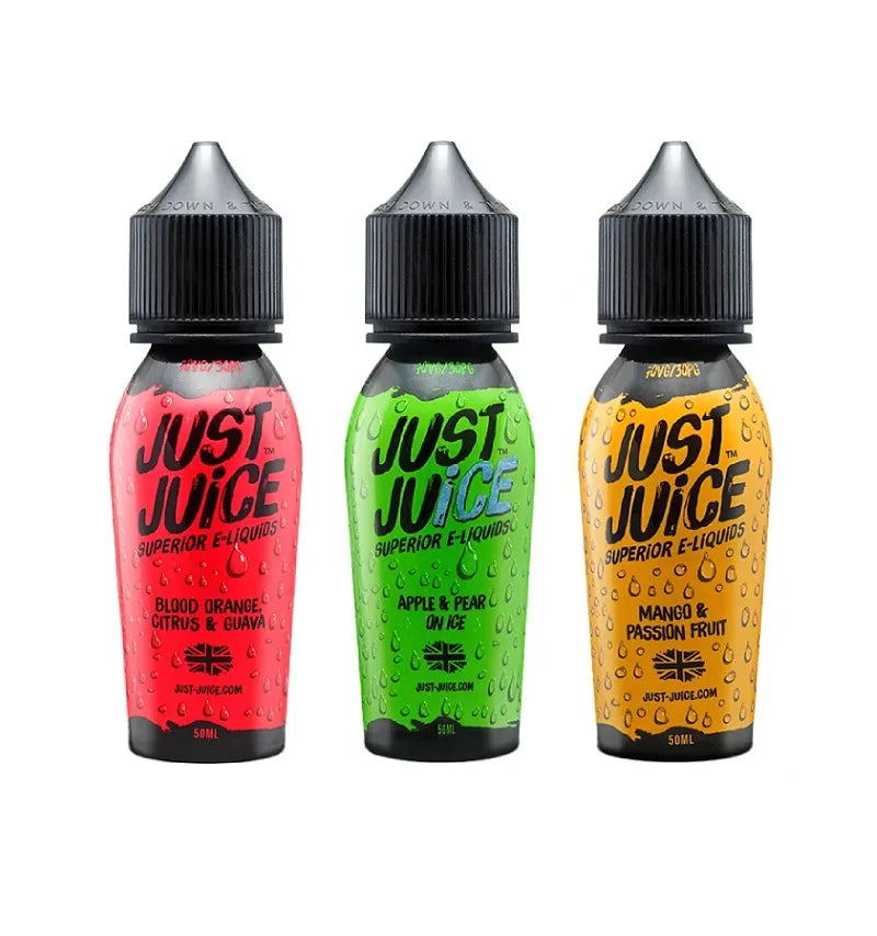 Just Juice 50ml E-Liquid bottle showing premium UK-made fruity shortfill with award-winning flavours