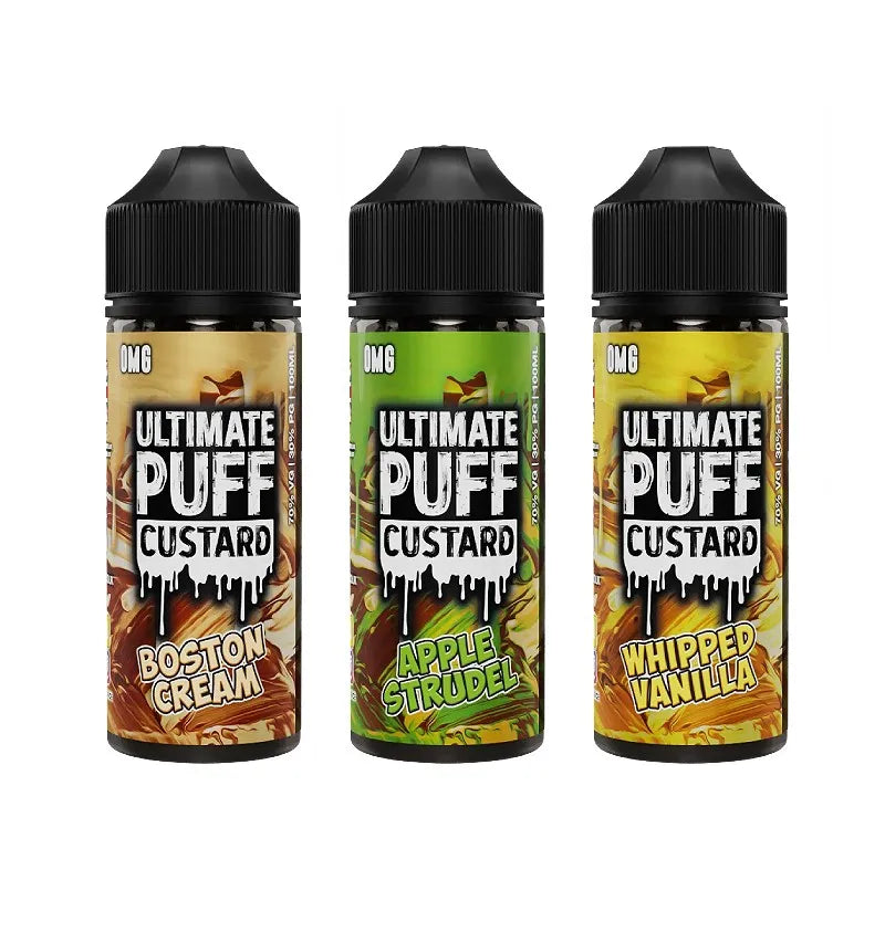 Ultimate Puff Custard E-Liquid 100ml bottle showing premium UK-made dessert shortfill with creamy custard flavours