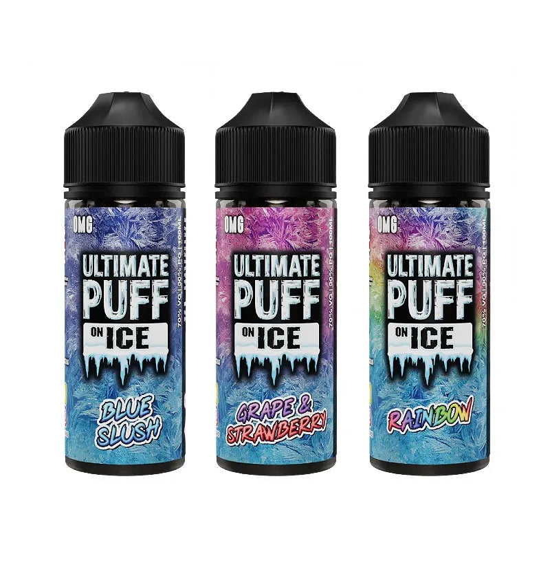 Ultimate Puff On Ice E-Liquid 100ml bottle showing premium UK-made cooling shortfill with refreshing menthol flavours